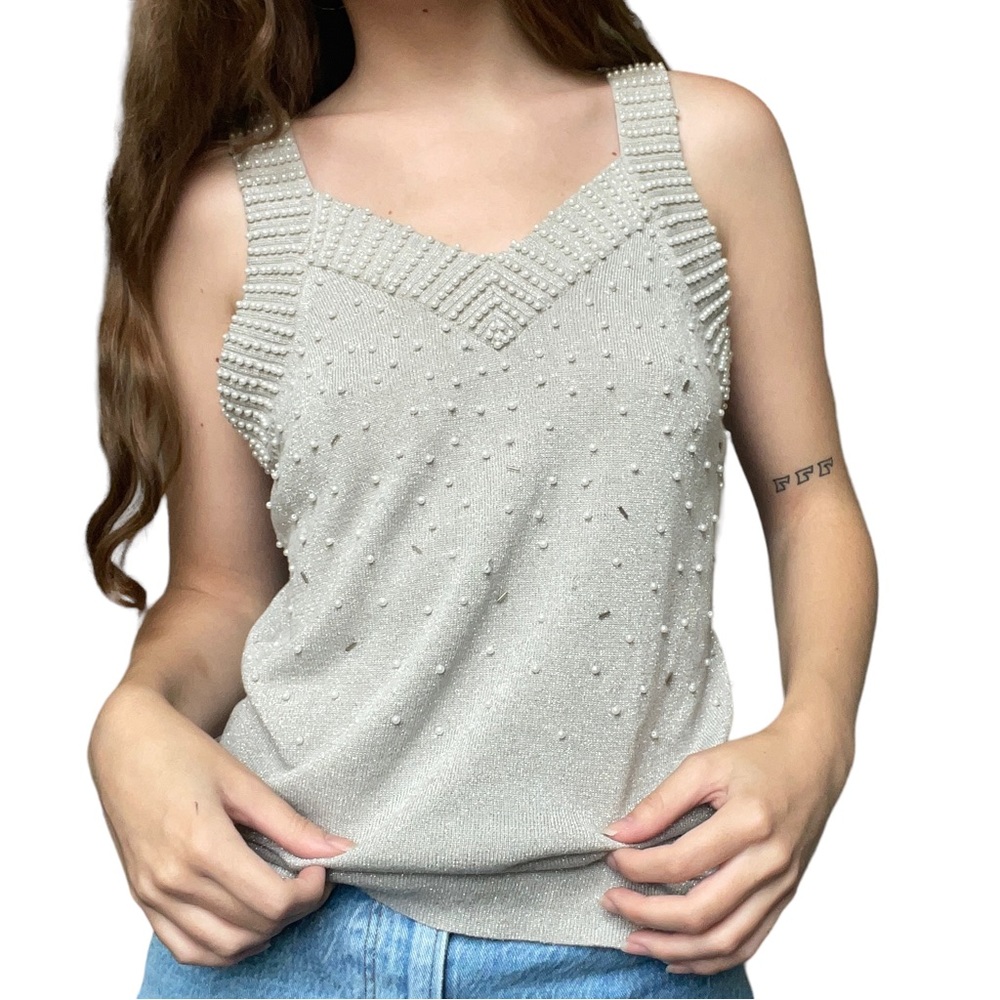 Vintage Gray Faux Pearl and Jewel Trimmed Coquette Y2K Silk Blend Tank Top